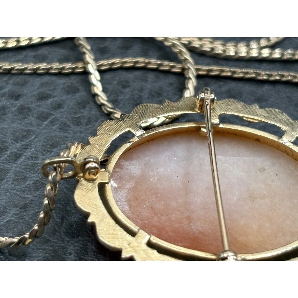 Vintage 14K Esemco Carved Shell Cameo Pendant And Krementz Gold Overlay Necklace